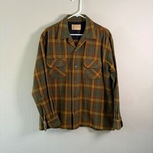 Vintage Towncraft Plus Wool Plaid Shirt Green Brown Men Large Camp Collar 60s 70